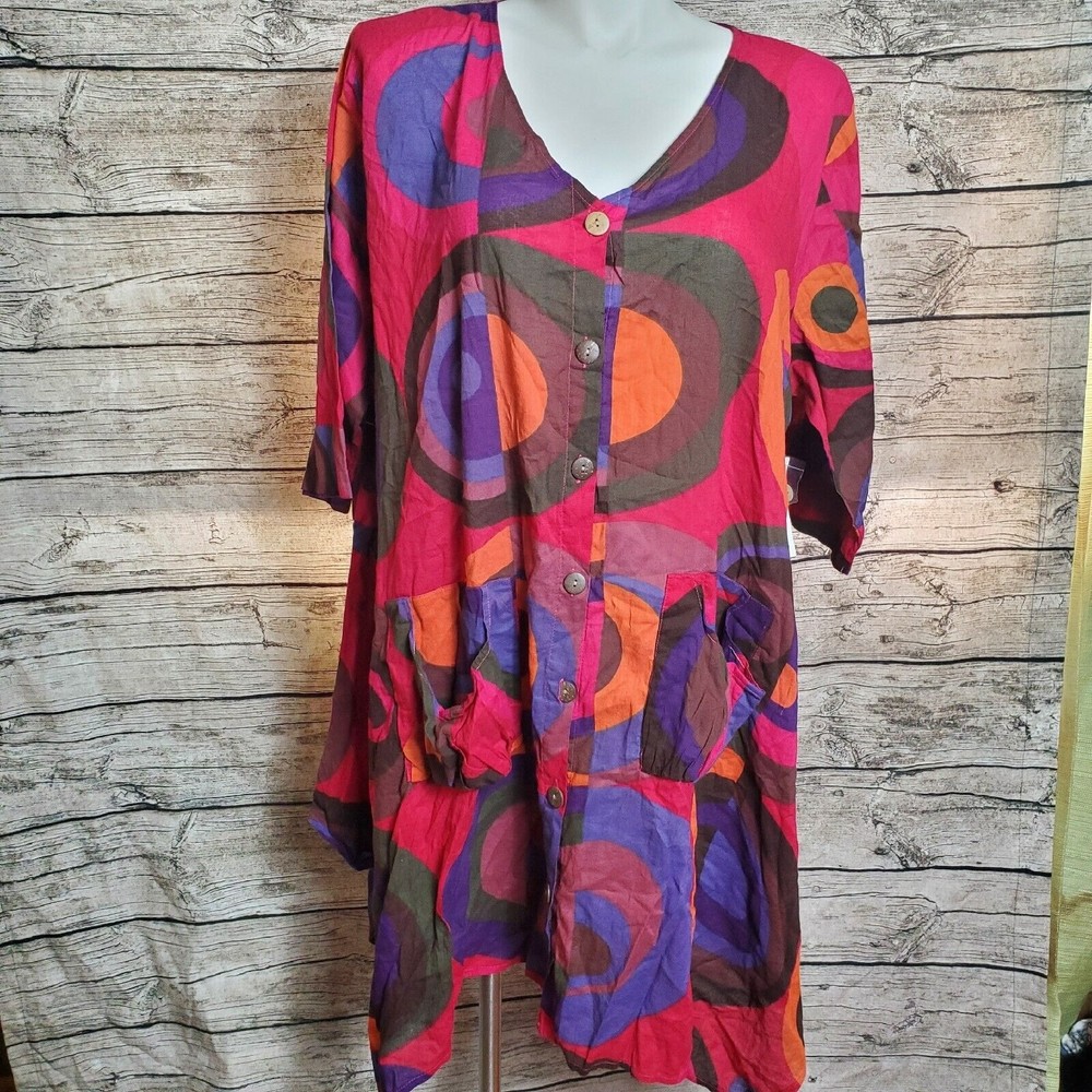 Step In Style Dress Pink Purple Abstract Art Buttons Pockets Cover Up Size 2X